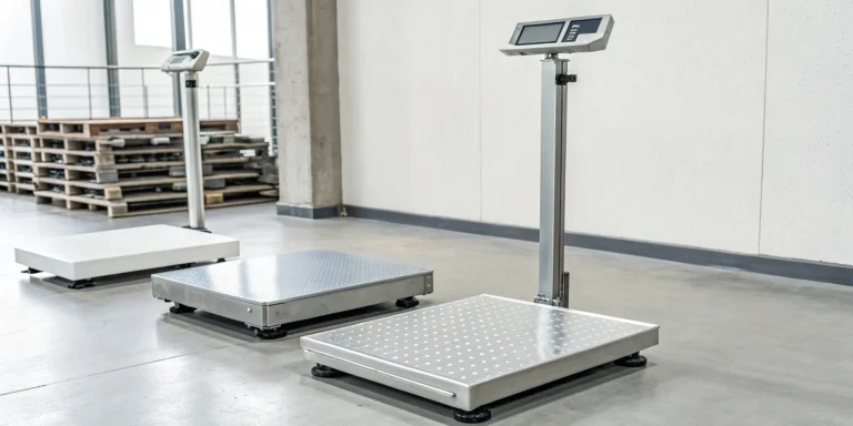 A large industrial floor scale with a digital display for weighing pallets in a warehouse.