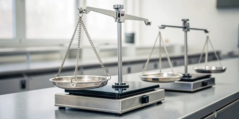 Industrial precision balance scales on a lab countertop for accurate weighing.