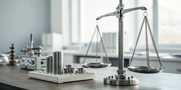 A professional CAS scale on a table with calibration weights for precise measurement.