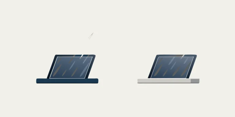 A side-by-side comparison of IPX5 vs IPX7 water resistance on two laptops with water droplets.